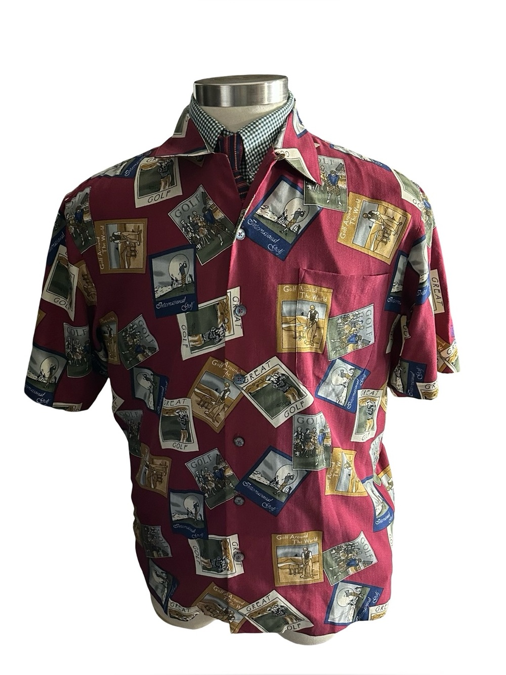 Vtg Aureus Silk Blend Golf Button Up Shirt Novelty Print Nancy Lopez Legacy Sz M